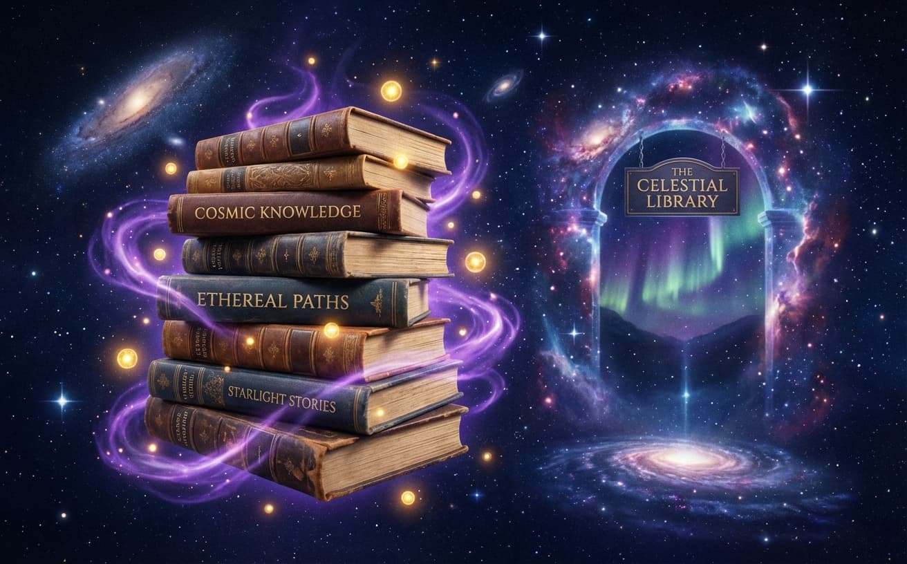 Books floating in celestial space with purple spiritual energy — book recommendations at physi-tualcapital.com