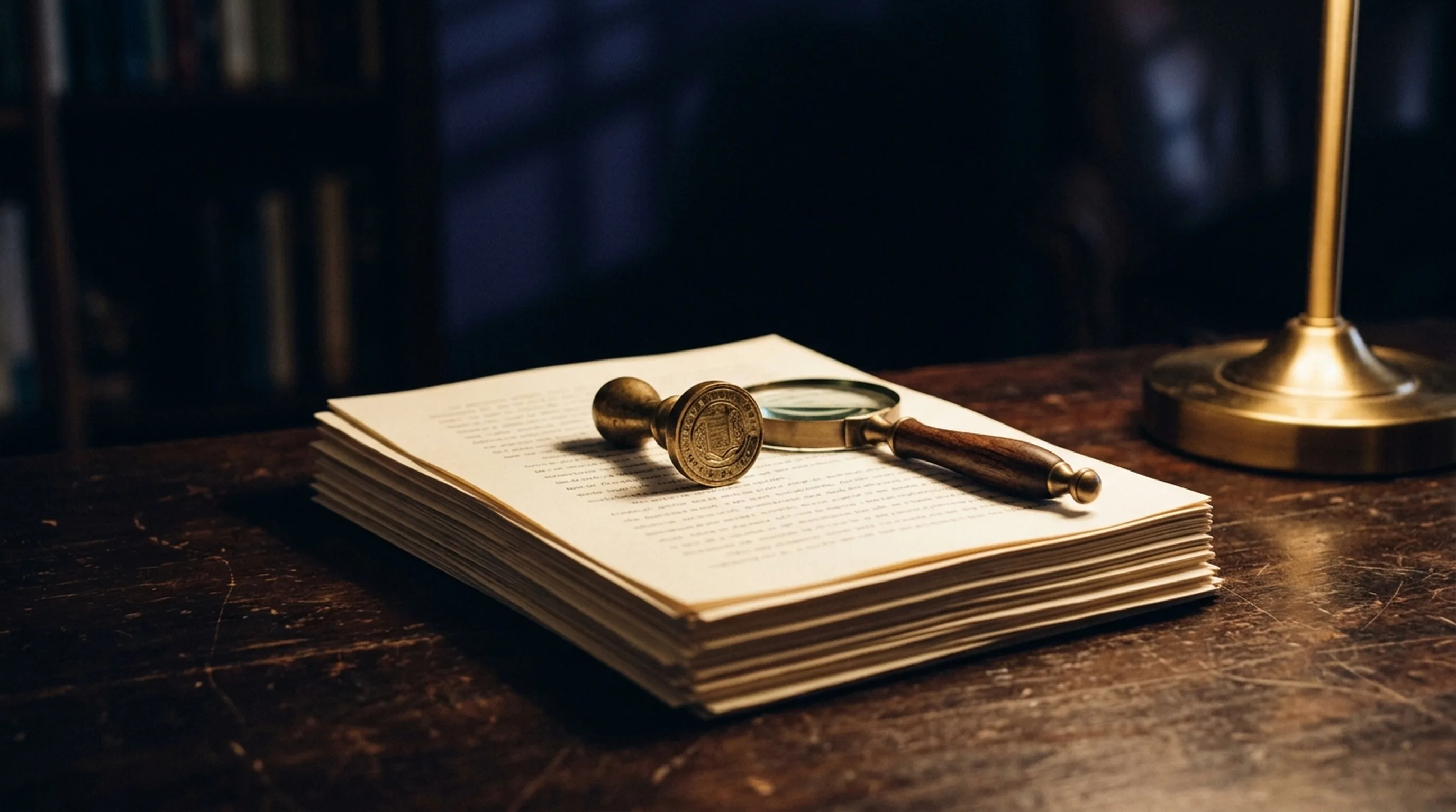 A stack of manuscript pages under a brass seal and magnifying glass on a dark desk lit by a single warm lamp — how to copyright a book in Canada