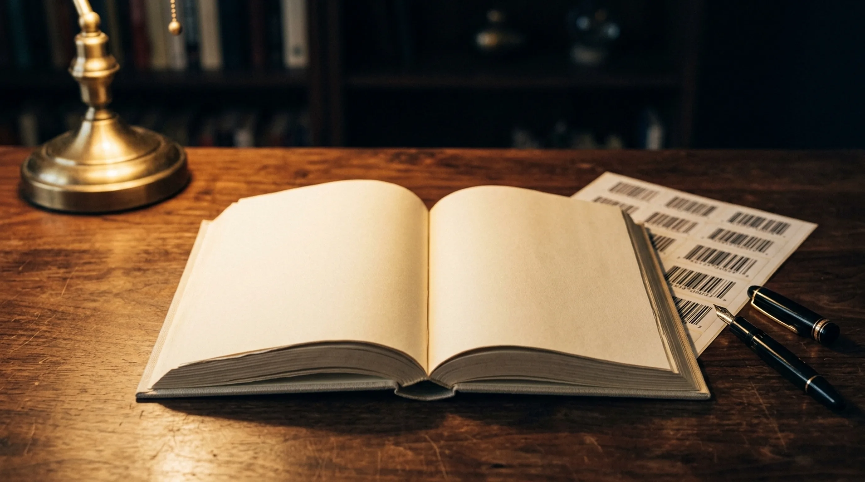A hardcover book lying open beside a printed barcode sheet and a fountain pen on a warm wooden desk — how to get an ISBN in Canada