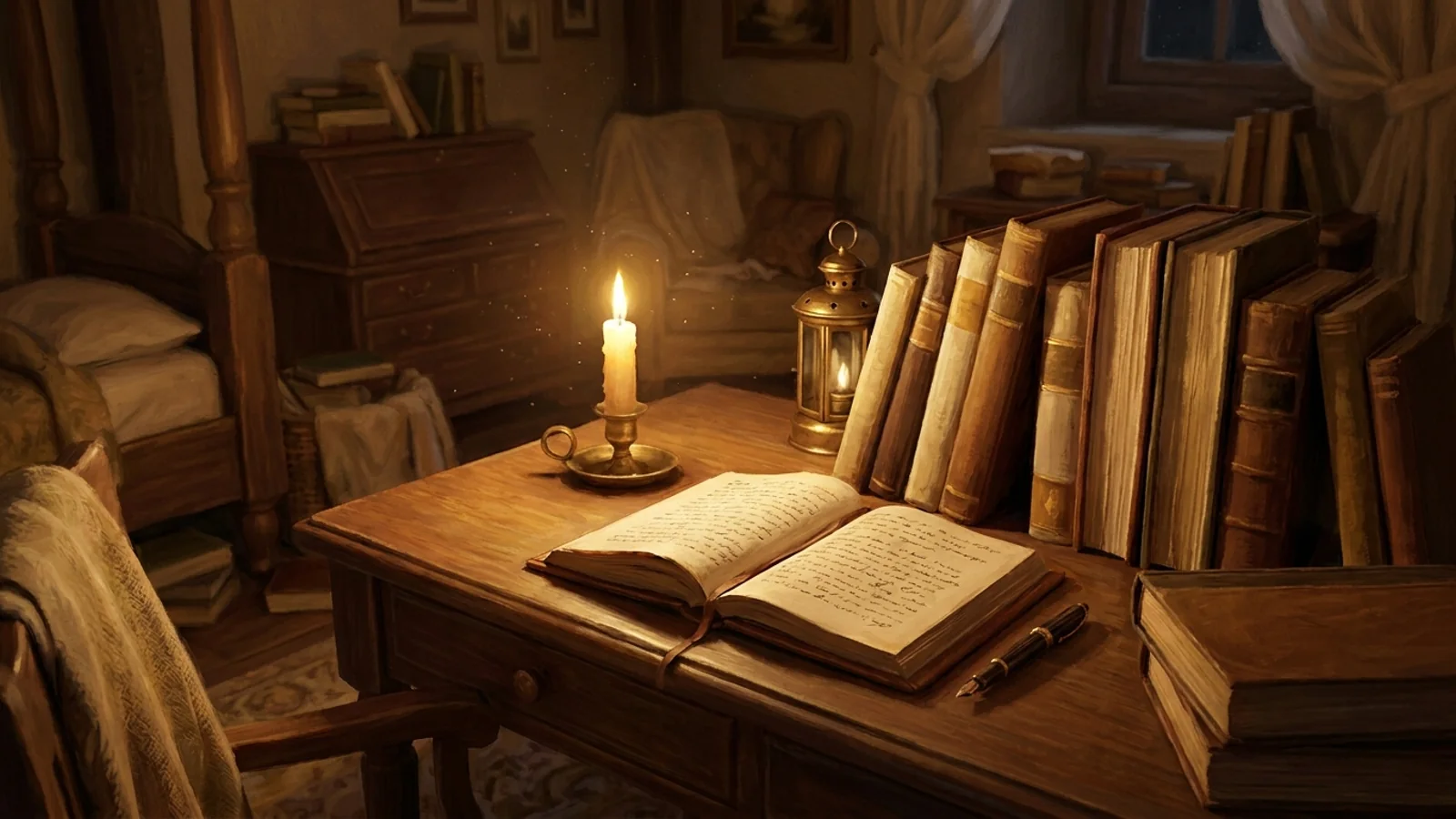 A candlelit antique writing desk at night with an open handwritten manuscript, fountain pen, and cloth-bound books — how to publish a spiritual book in Canada