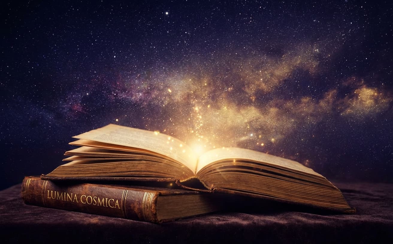 Open book with golden light emanating from pages against a cosmic starry background — publishing guide at physi-tualcapital.com
